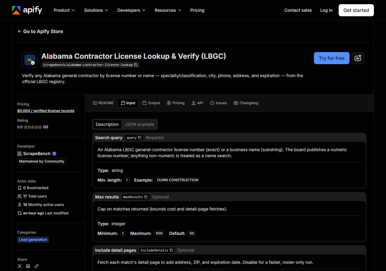 The input form for Alabama Contractor License Lookup & Verify (LBGC) in the Apify Console
