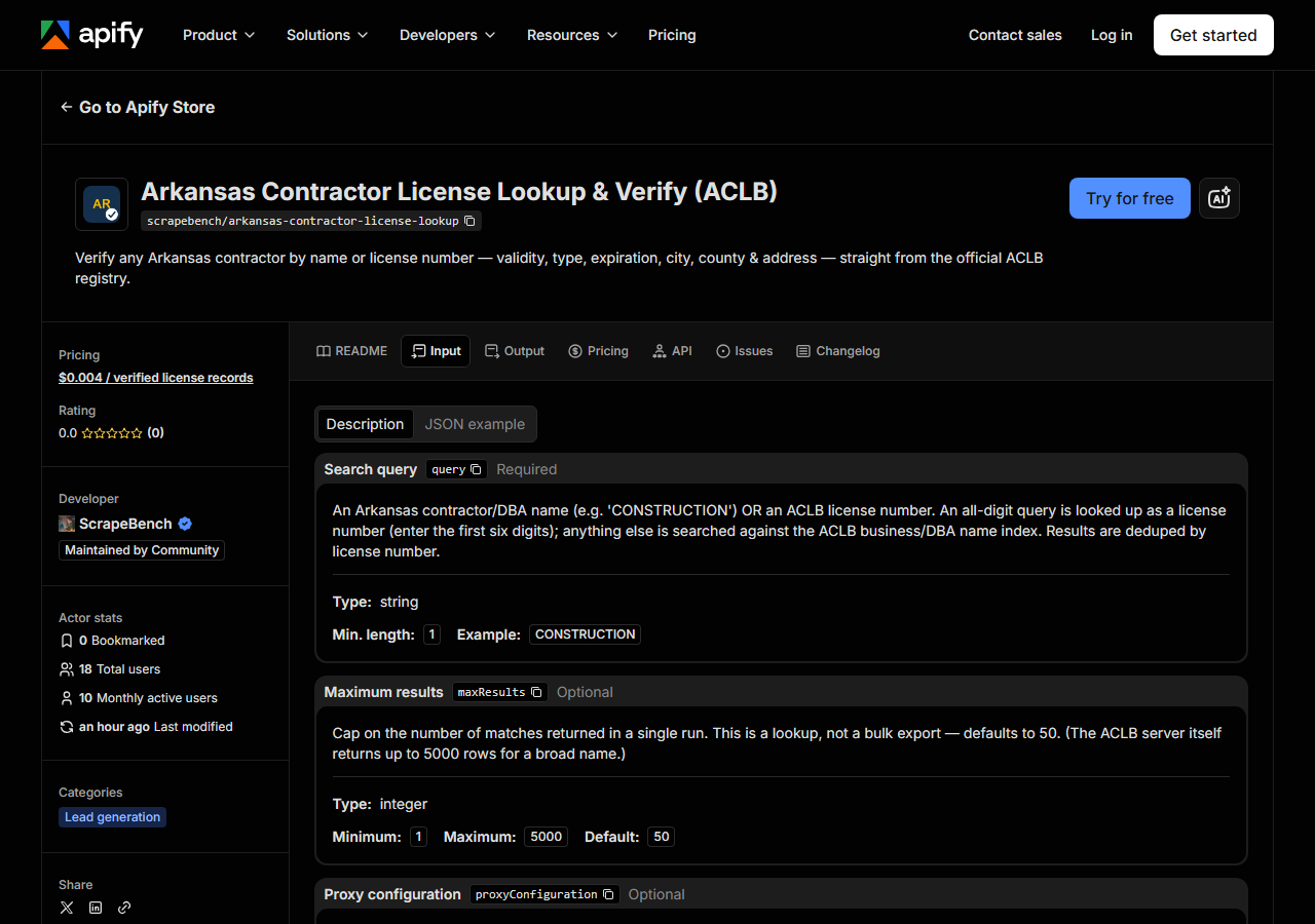The input form for Arkansas Contractor License Lookup & Verify (ACLB) in the Apify Console