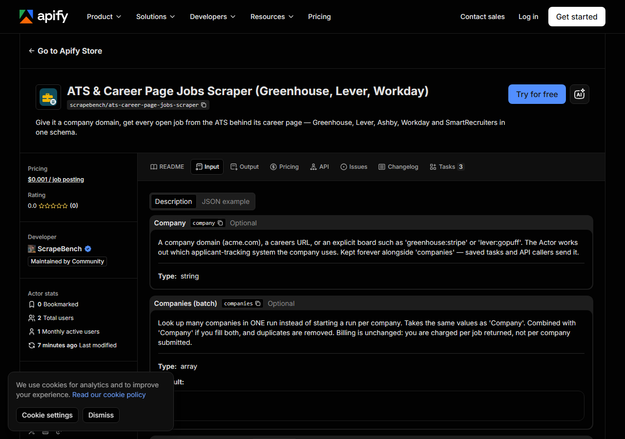 The input form for ATS & Career Page Jobs Scraper (Greenhouse, Lever, Workday) in the Apify Console