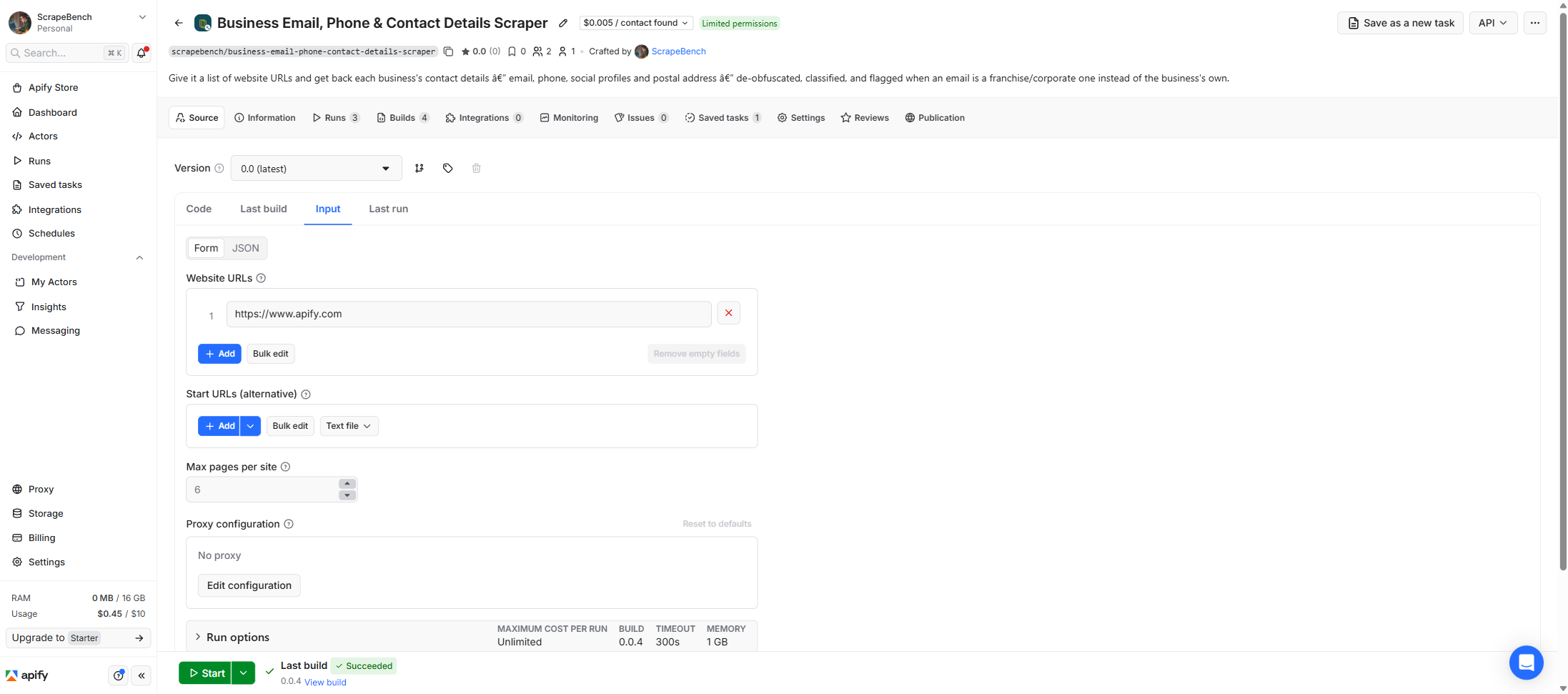 The input form for Business Email, Phone & Contact Details Scraper in the Apify Console