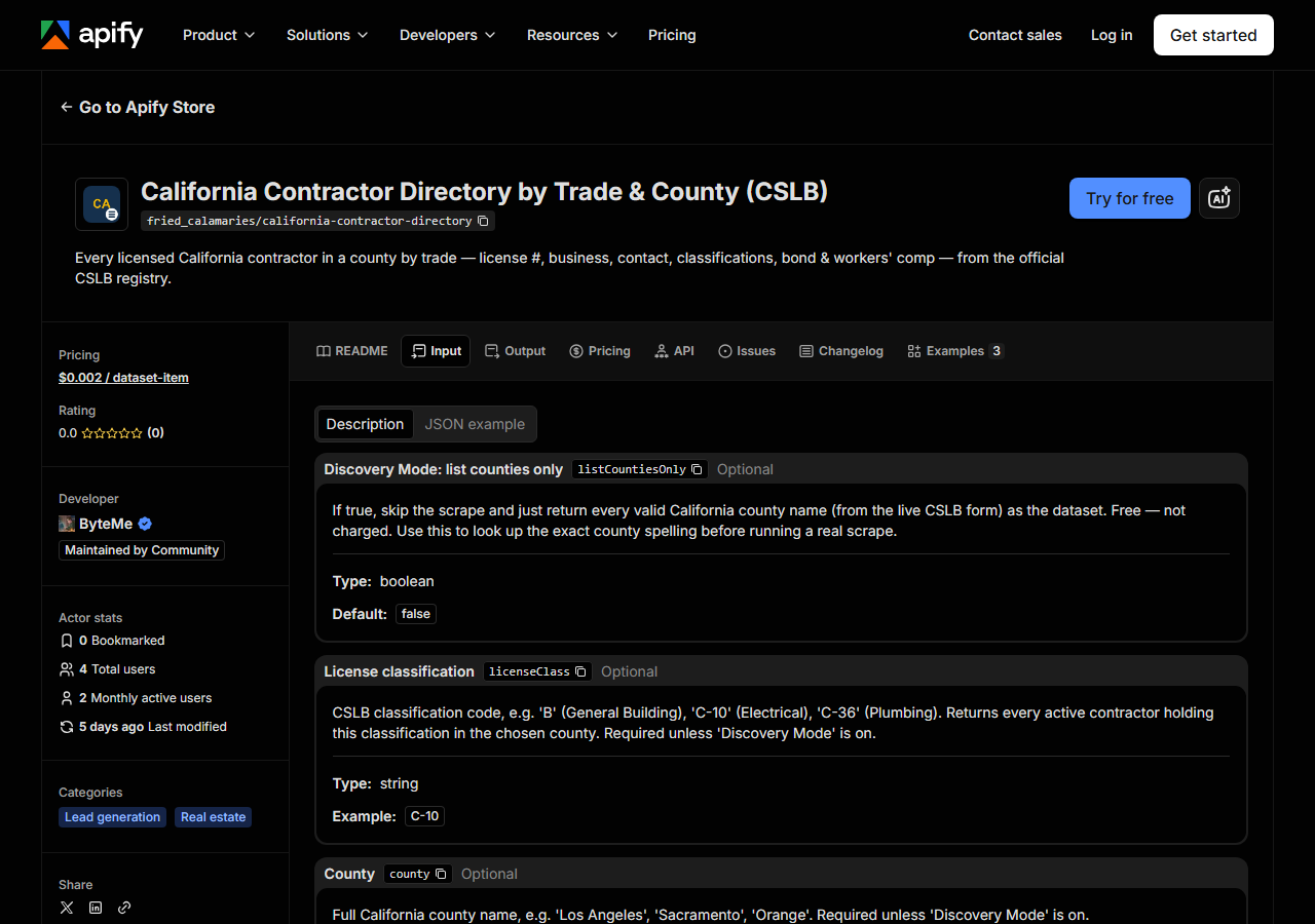 The input form for California Contractor Directory by Trade & County (CSLB) in the Apify Console
