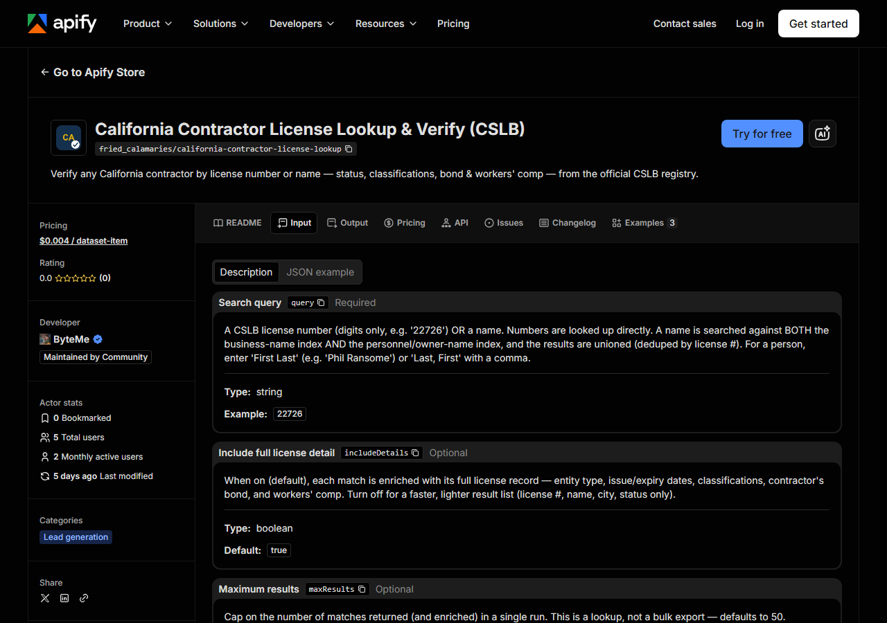 The input form for California Contractor License Lookup & Verify (CSLB) in the Apify Console