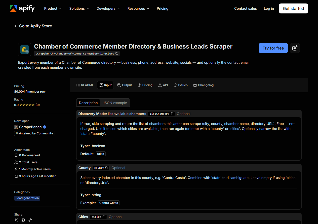 The input form for Chamber of Commerce Member Directory & Business Leads Scraper in the Apify Console