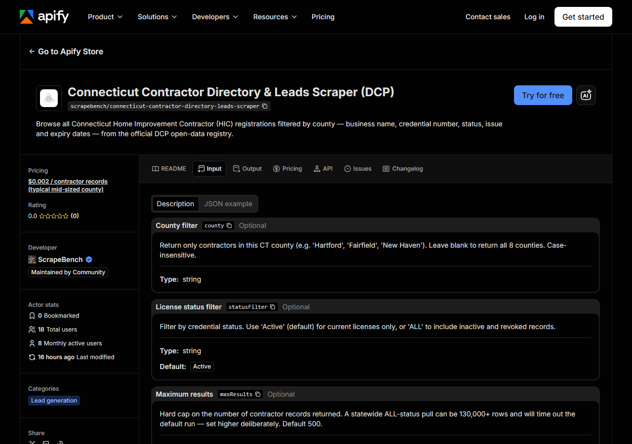 The input form for Connecticut Contractor Directory & Leads Scraper (DCP) in the Apify Console