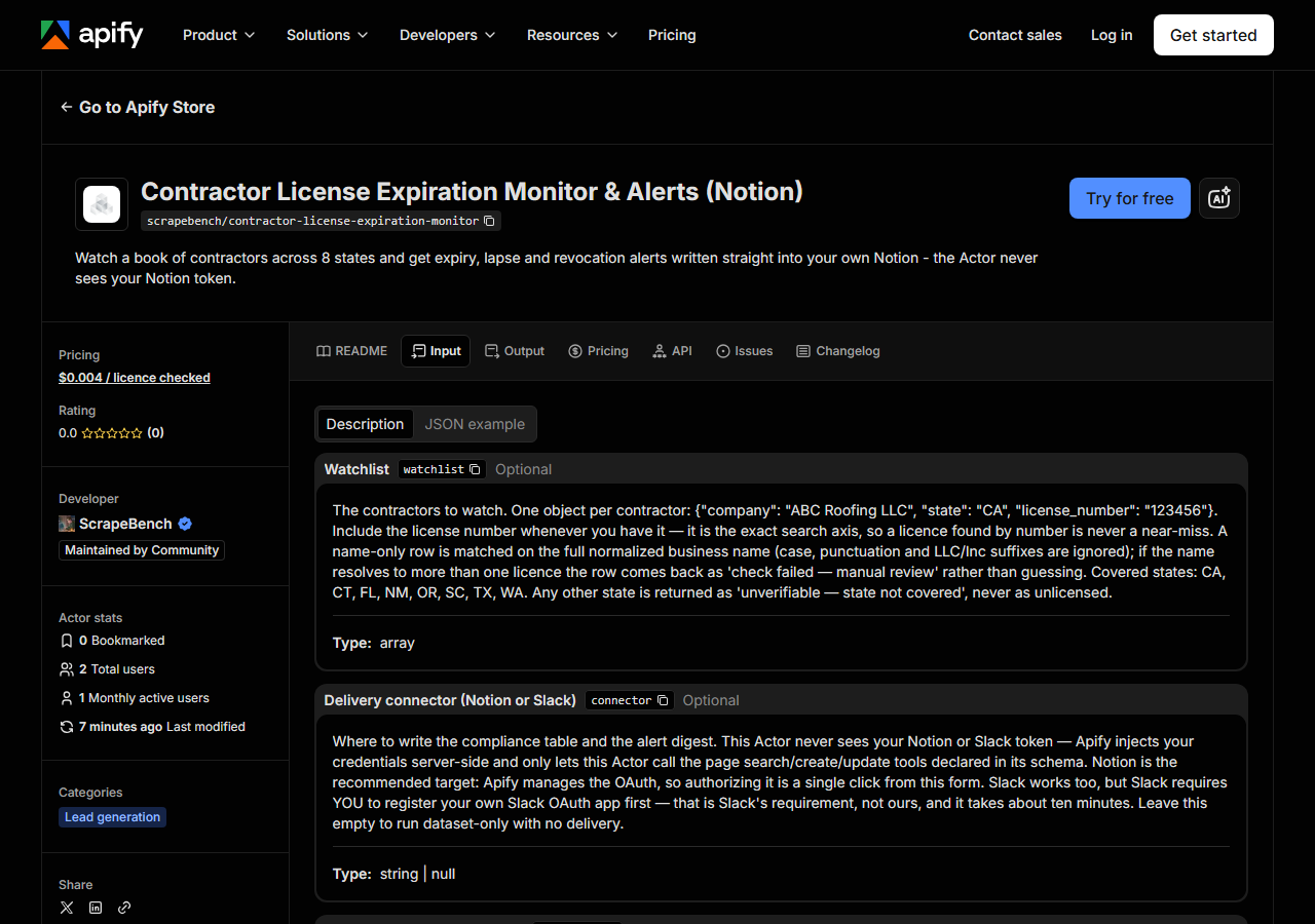 The input form for Contractor License Expiration Monitor & Alerts (Notion) in the Apify Console