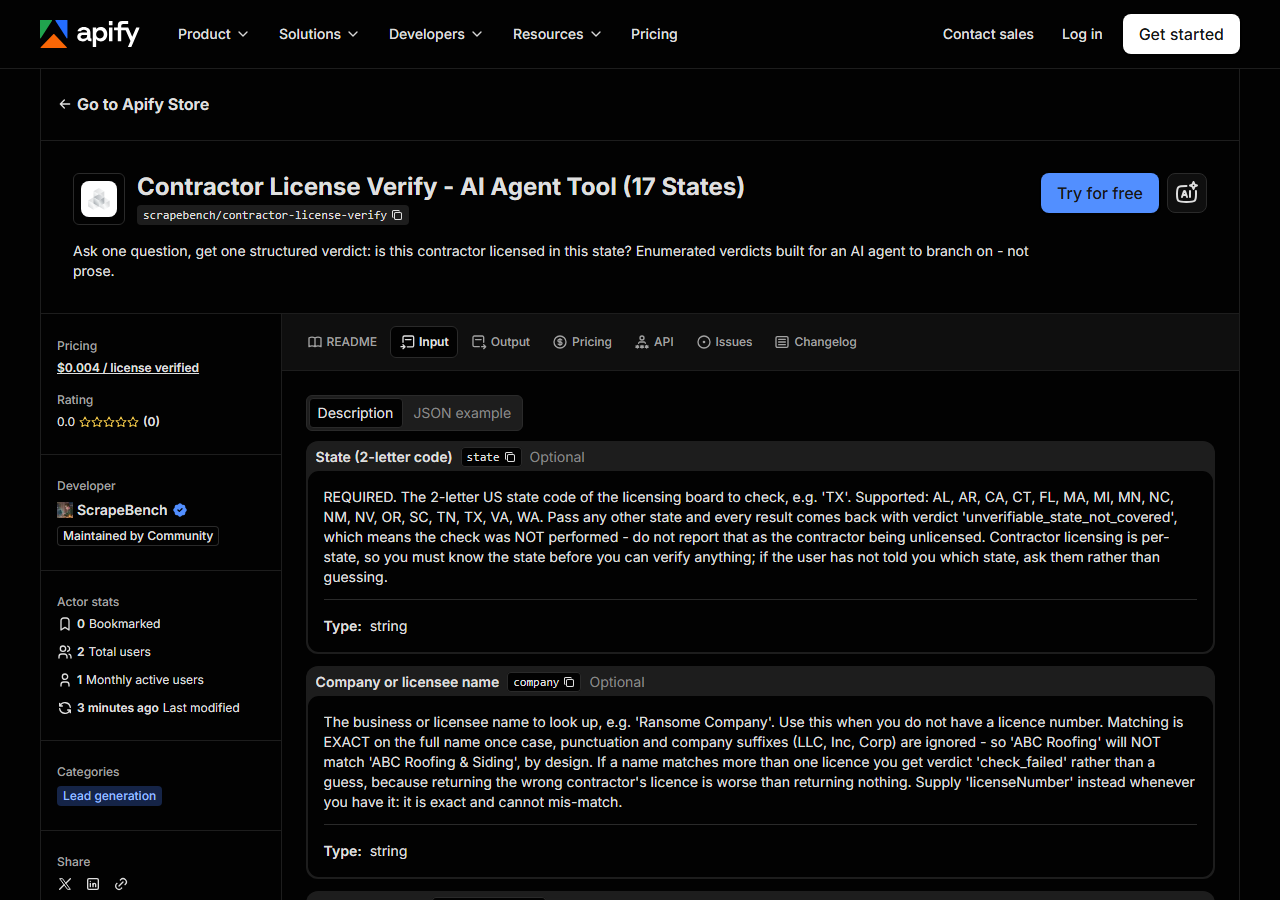 The input form for Contractor License Verify - AI Agent Tool (17 States) in the Apify Console