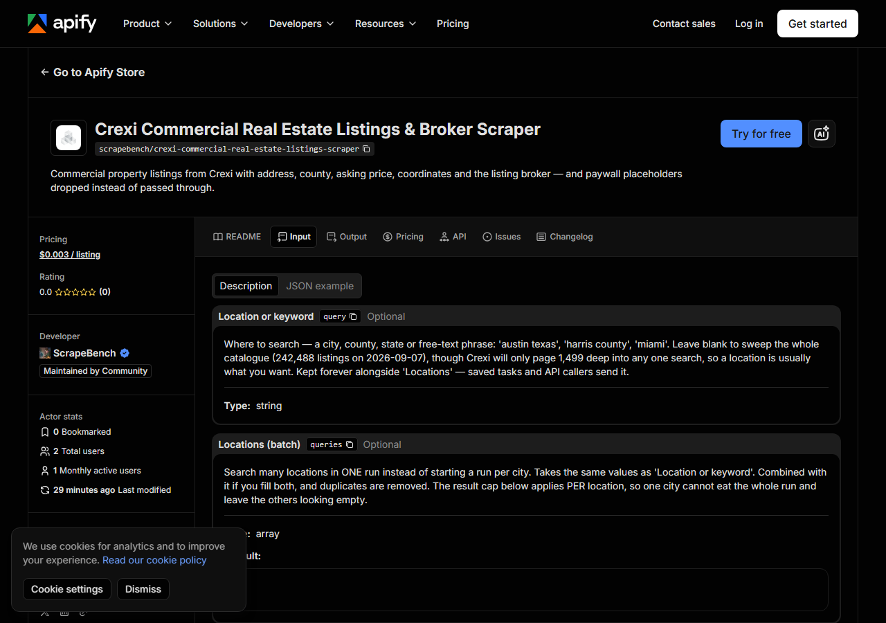 The input form for Crexi Commercial Real Estate Listings & Broker Scraper in the Apify Console