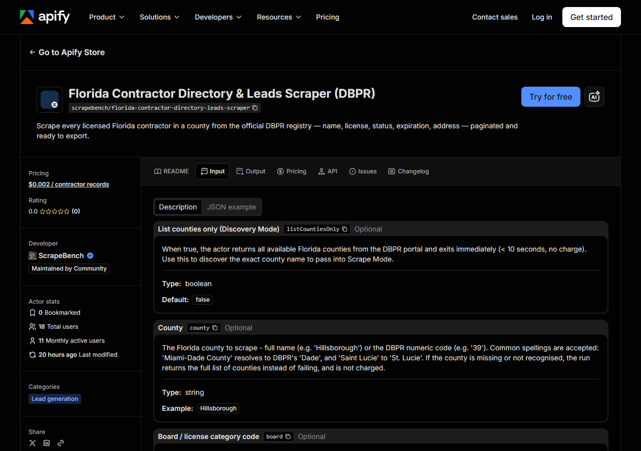 The input form for Florida Contractor Directory & Leads Scraper (DBPR) in the Apify Console