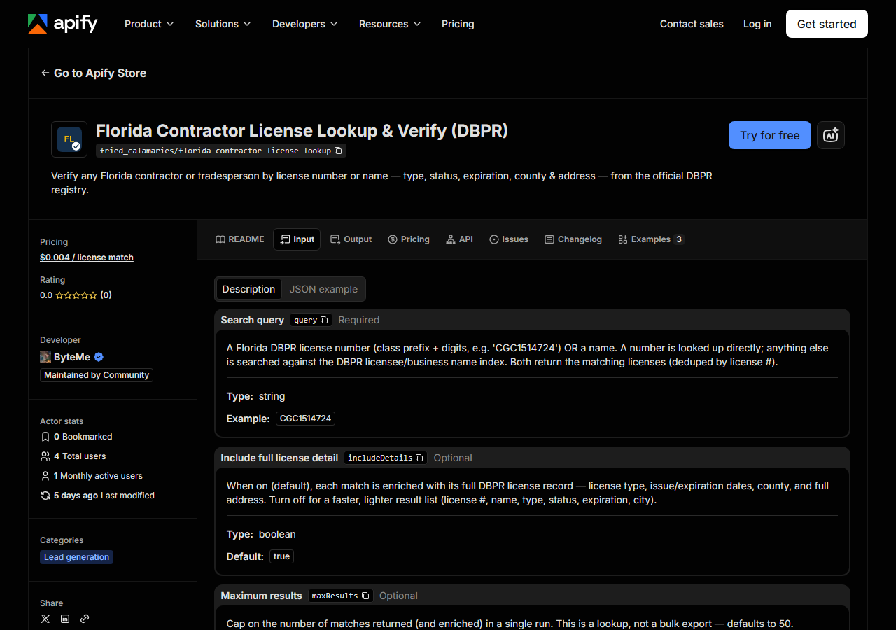 The input form for Florida Contractor License Lookup & Verify (DBPR) in the Apify Console