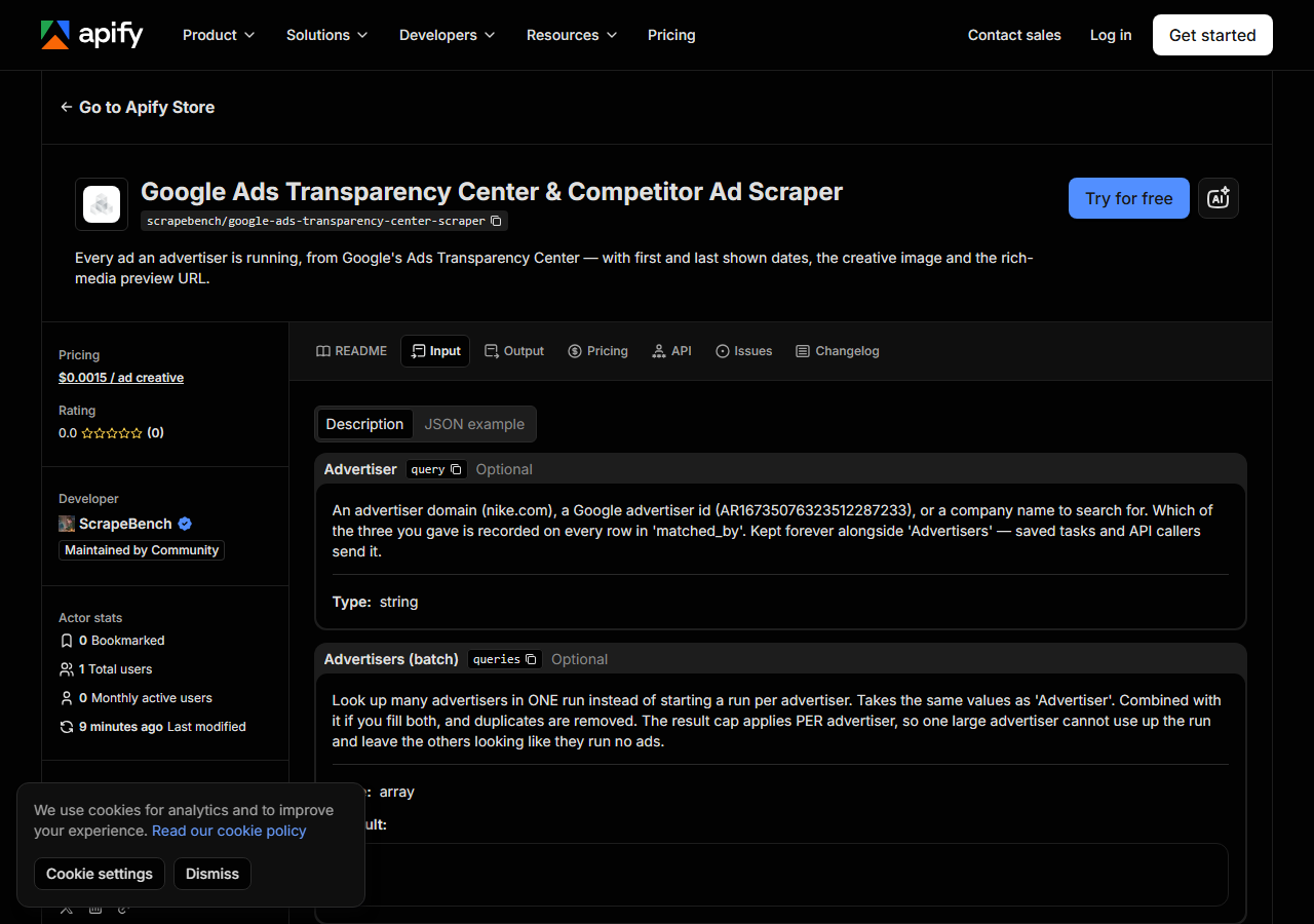 The input form for Google Ads Transparency Center & Competitor Ad Scraper in the Apify Console