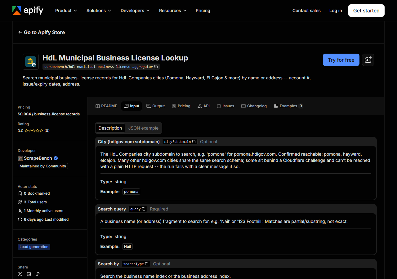 The input form for HdL Municipal Business License Lookup in the Apify Console