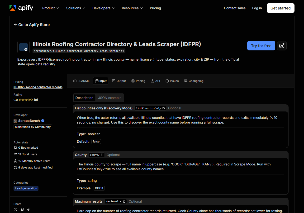 The input form for Illinois Roofing Contractor Directory & Leads Scraper (IDFPR) in the Apify Console