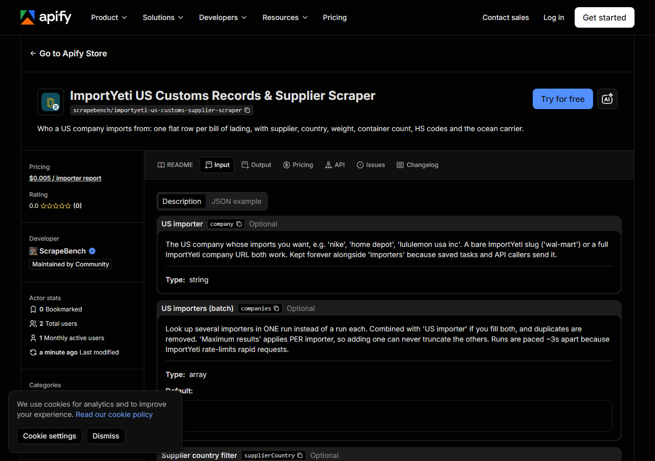 The input form for ImportYeti US Customs Records & Supplier Scraper in the Apify Console