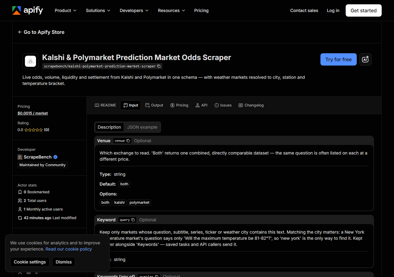 The input form for Kalshi & Polymarket Prediction Market Odds Scraper in the Apify Console