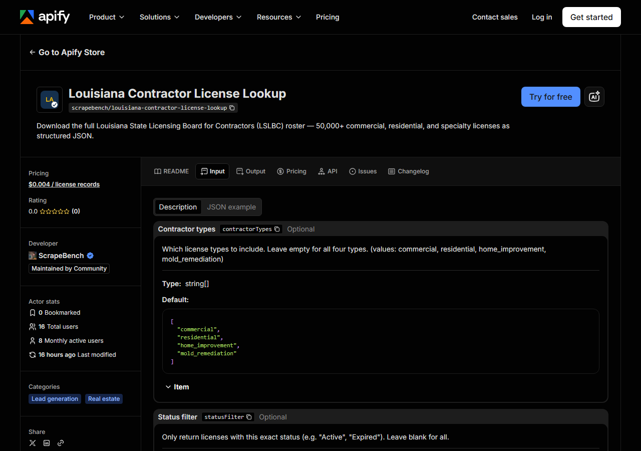 The input form for Louisiana Contractor License Lookup in the Apify Console