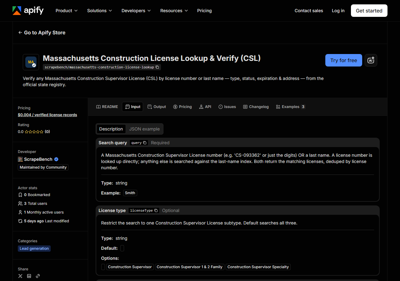 The input form for Massachusetts Construction License Lookup & Verify (CSL) in the Apify Console