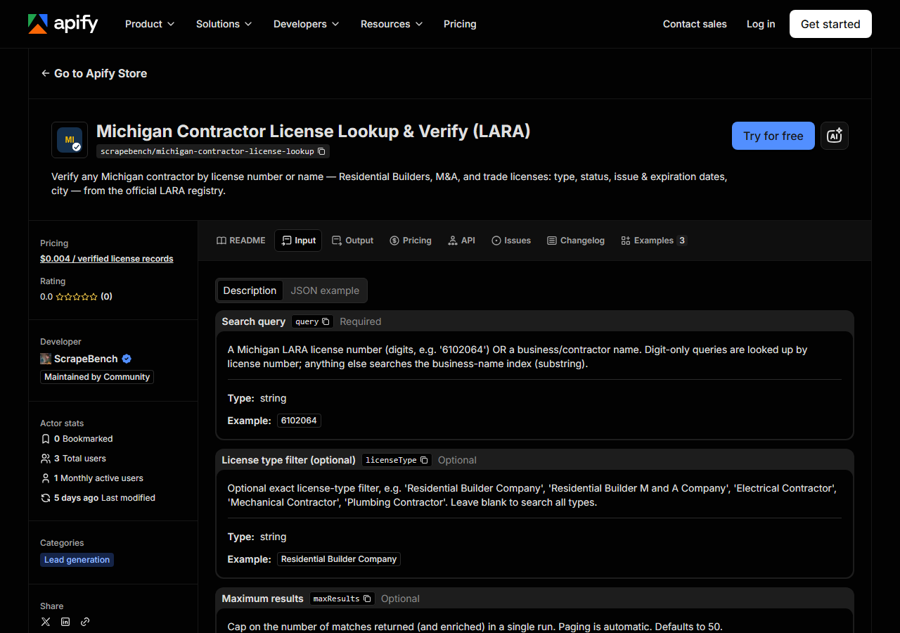 The input form for Michigan Contractor License Lookup & Verify (LARA) in the Apify Console