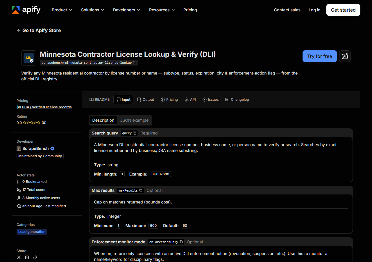 The input form for Minnesota Contractor License Lookup & Verify (DLI) in the Apify Console