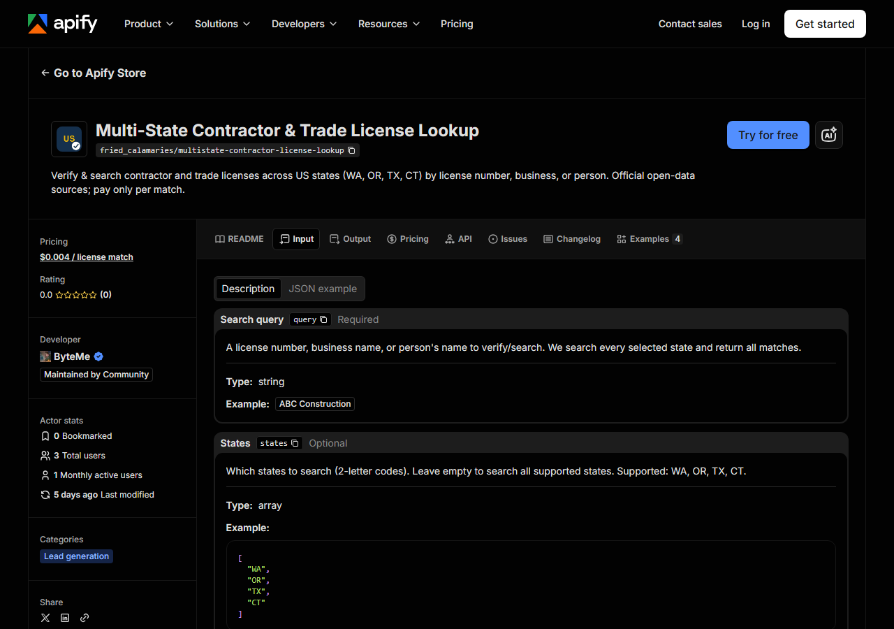 The input form for Multi-State Contractor & Trade License Lookup in the Apify Console