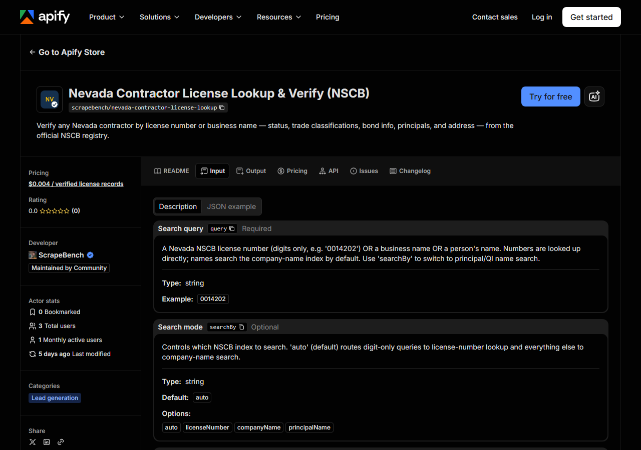 The input form for Nevada Contractor License Lookup & Verify (NSCB) in the Apify Console