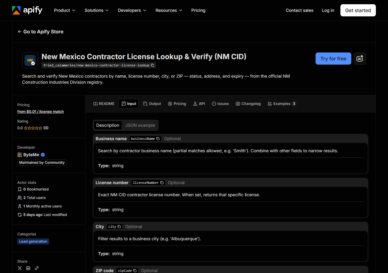 The input form for New Mexico Contractor License Lookup & Verify (NM CID) in the Apify Console