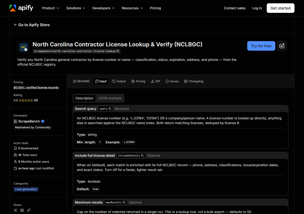 The input form for North Carolina Contractor License Lookup & Verify (NCLBGC) in the Apify Console
