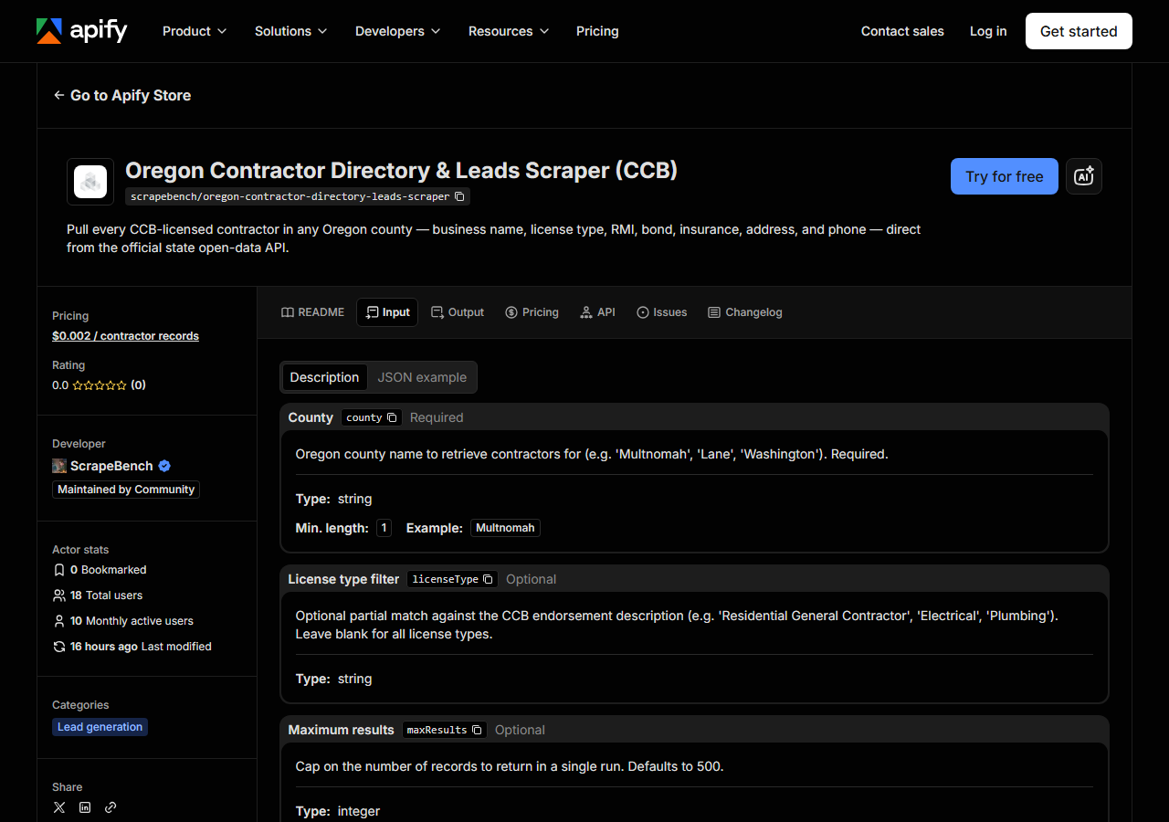 The input form for Oregon Contractor Directory & Leads Scraper (CCB) in the Apify Console