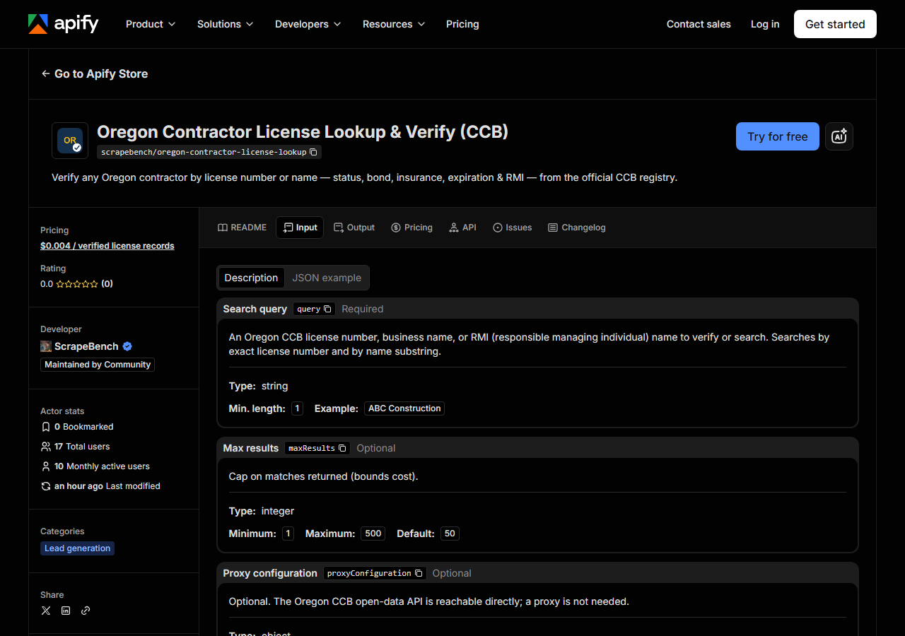 The input form for Oregon Contractor License Lookup & Verify (CCB) in the Apify Console
