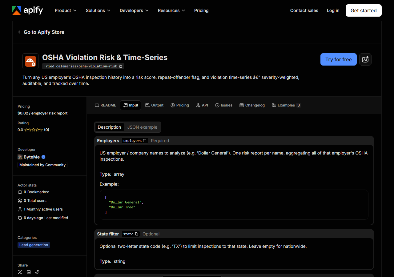 The input form for OSHA Violation Risk & Time-Series in the Apify Console