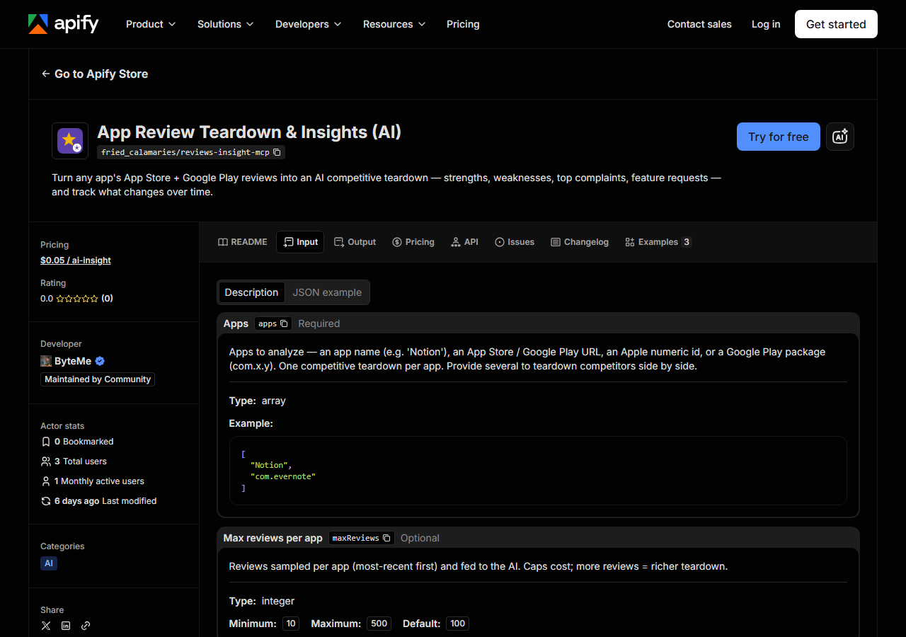 The input form for App Review Teardown & Insights (AI) in the Apify Console