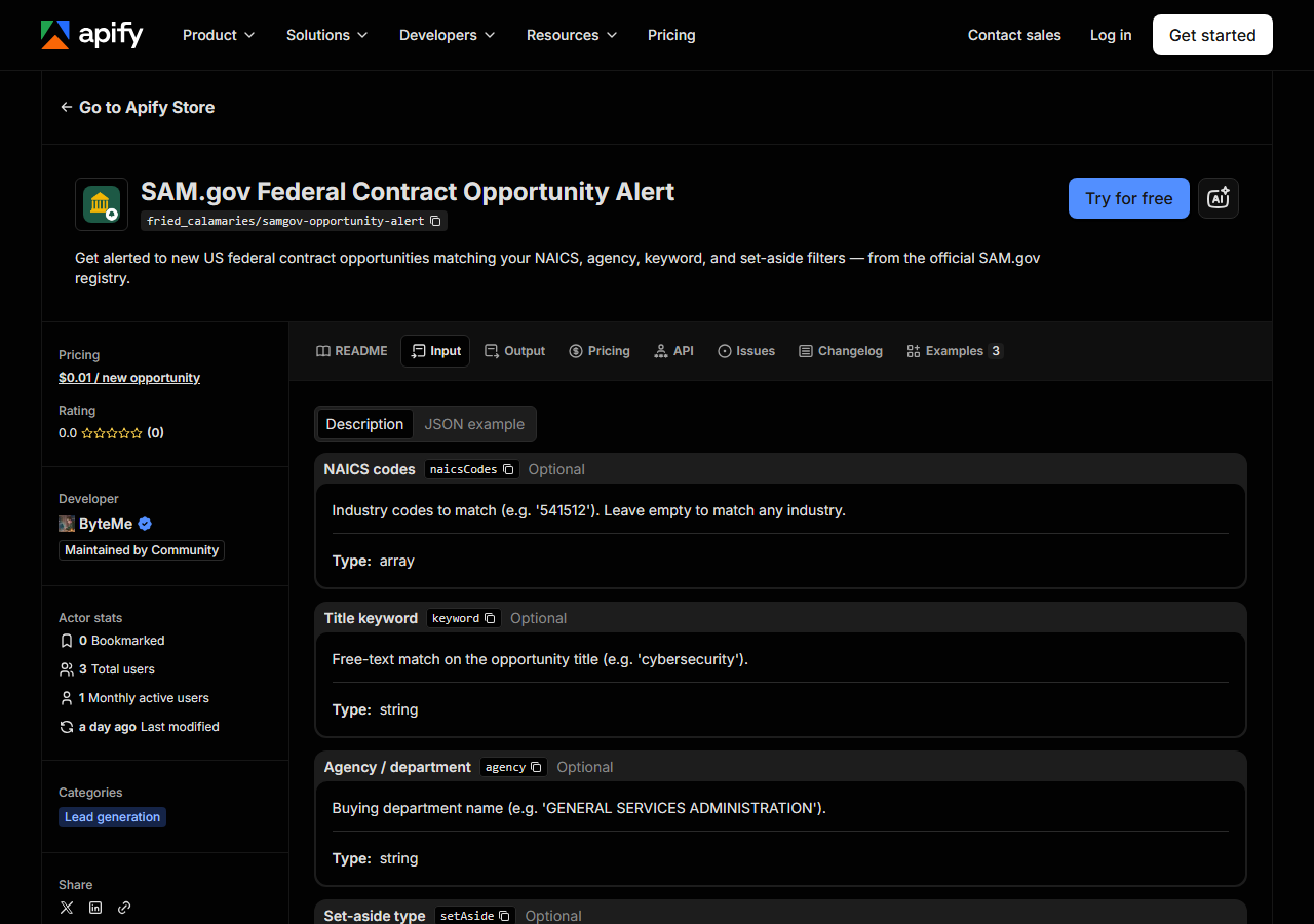 The input form for SAM.gov Federal Contract Opportunity Alert in the Apify Console