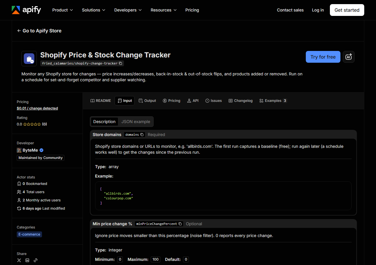 The input form for Shopify Price & Stock Change Tracker in the Apify Console