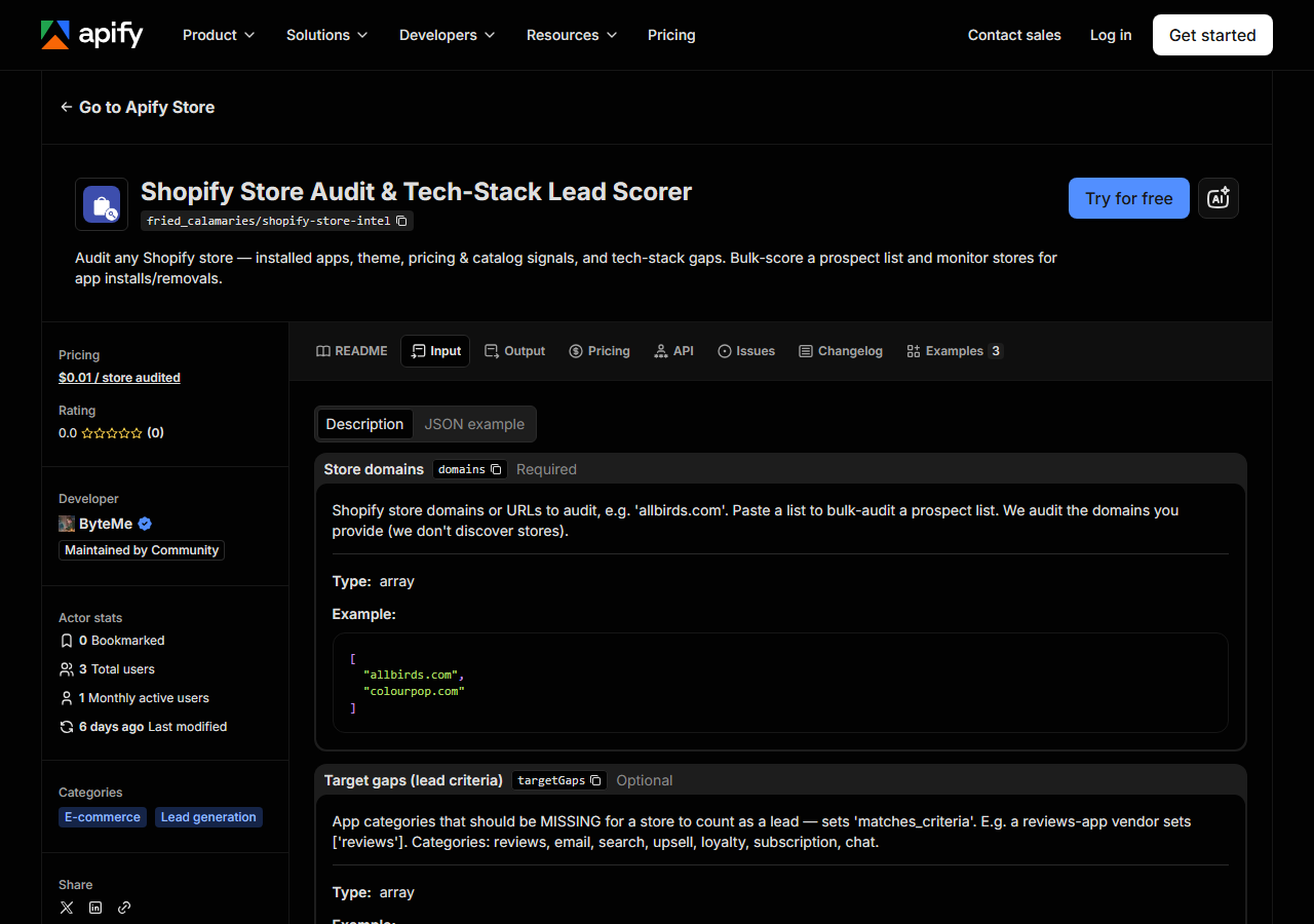The input form for Shopify Store Audit & Tech-Stack Lead Scorer in the Apify Console