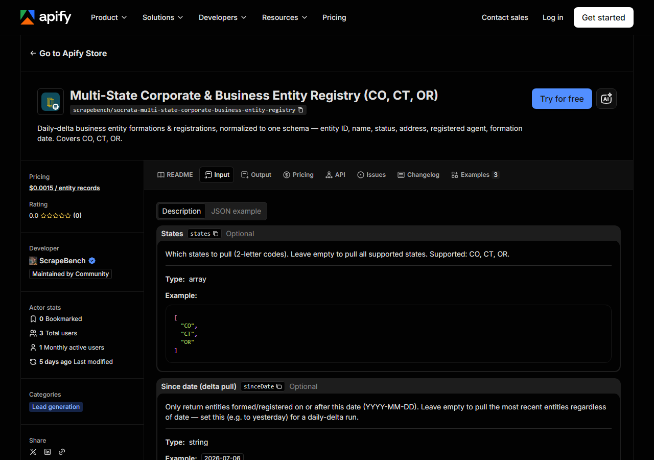The input form for Multi-State Corporate & Business Entity Registry (CO, CT, OR) in the Apify Console