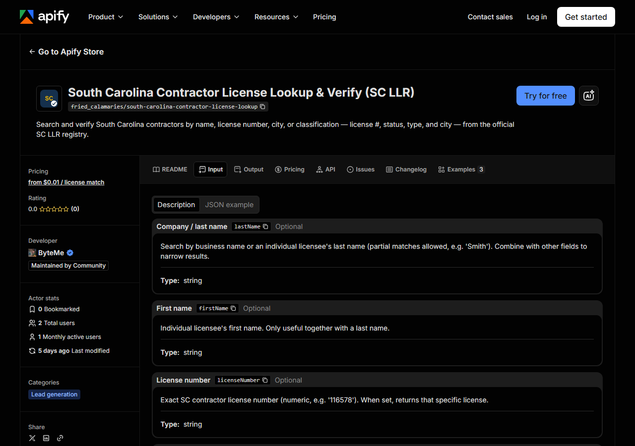The input form for South Carolina Contractor License Lookup & Verify (SC LLR) in the Apify Console