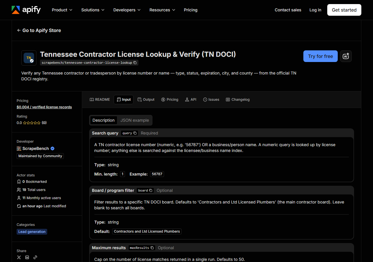 The input form for Tennessee Contractor License Lookup & Verify (TN DOCI) in the Apify Console