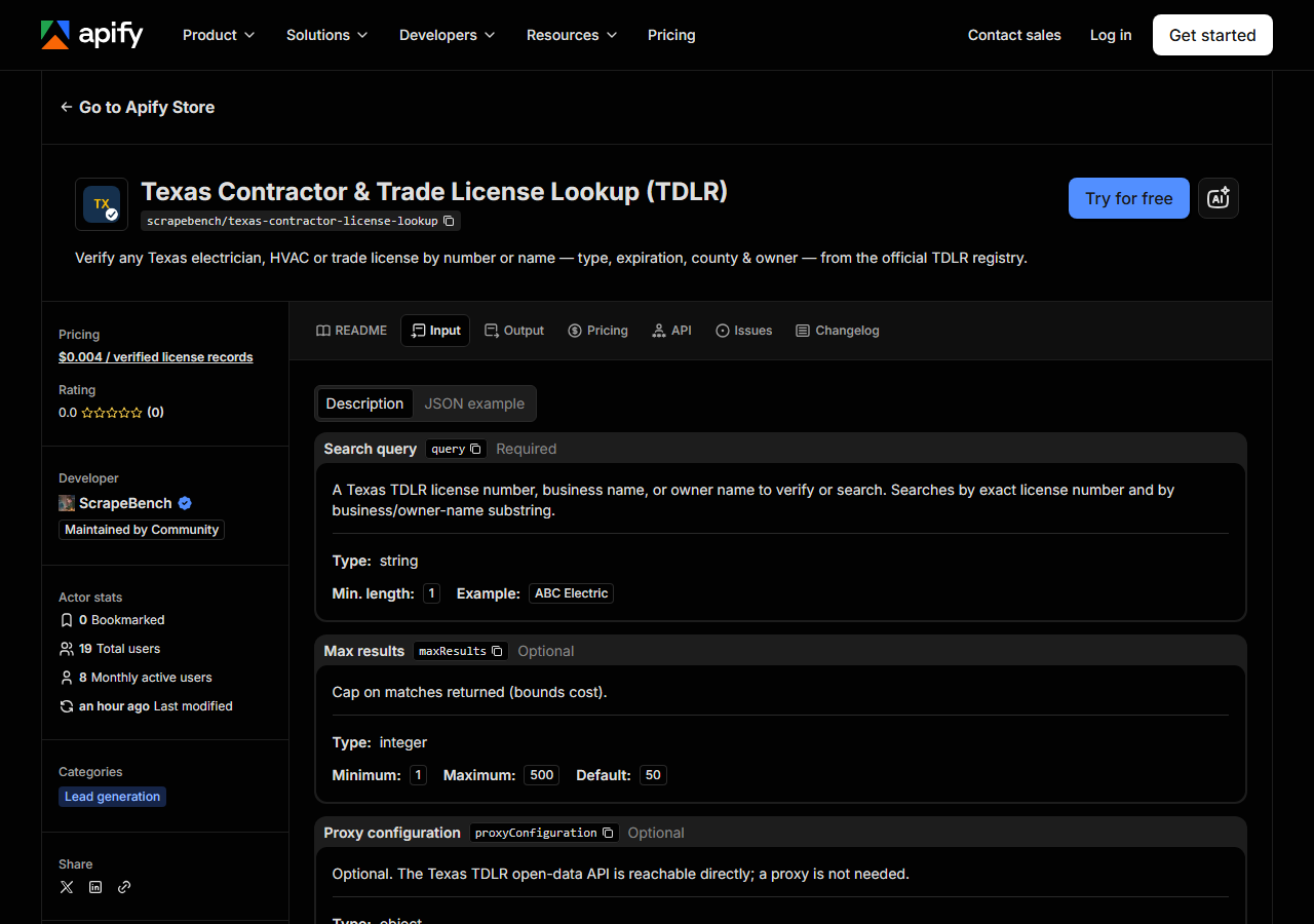 The input form for Texas Contractor & Trade License Lookup (TDLR) in the Apify Console