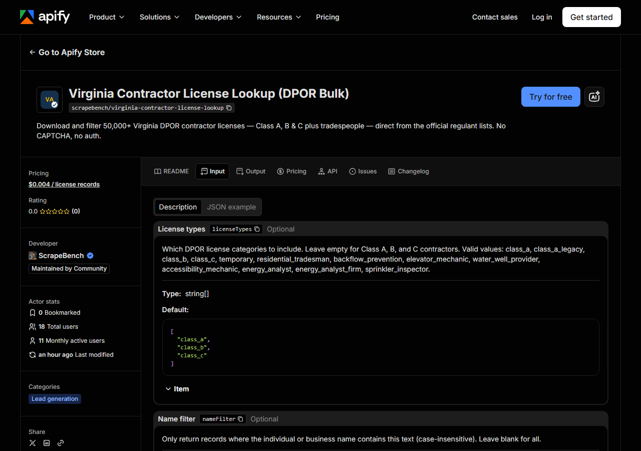 The input form for Virginia Contractor License Lookup (DPOR Bulk) in the Apify Console