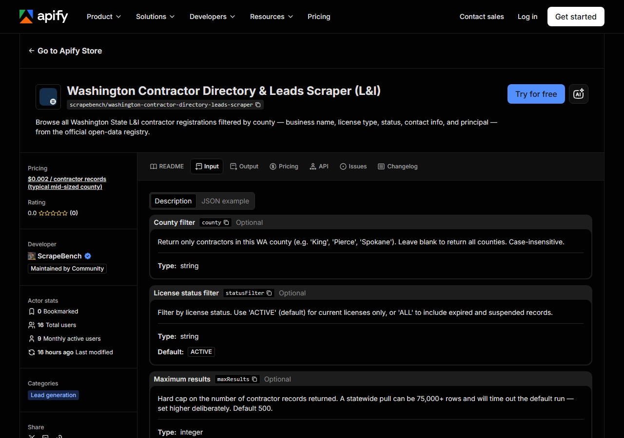 The input form for Washington Contractor Directory & Leads Scraper (L&I) in the Apify Console