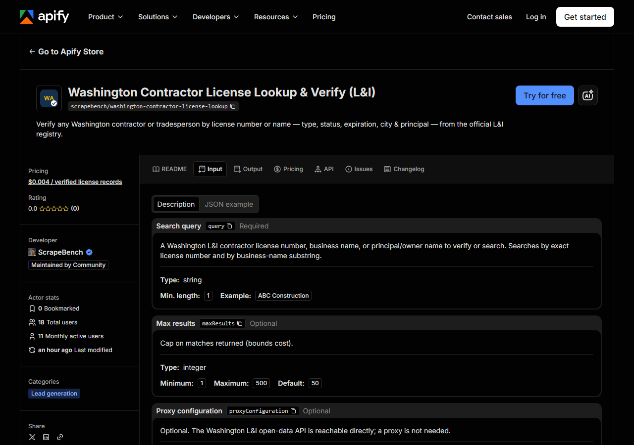 The input form for Washington Contractor License Lookup & Verify (L&I) in the Apify Console