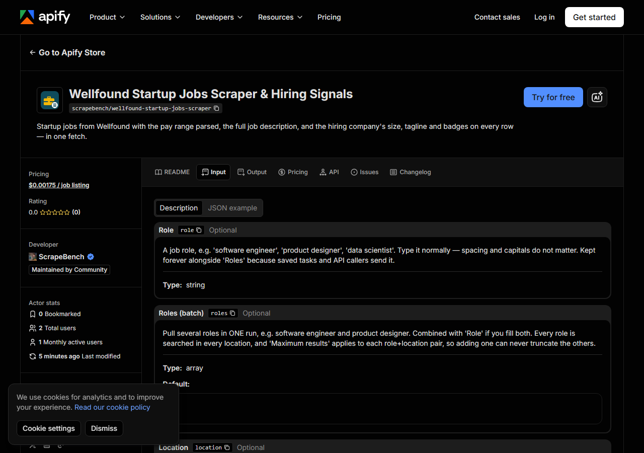 The input form for Wellfound Startup Jobs Scraper & Hiring Signals in the Apify Console