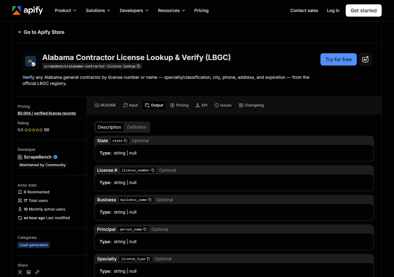 The output fields returned by Alabama Contractor License Lookup & Verify (LBGC)