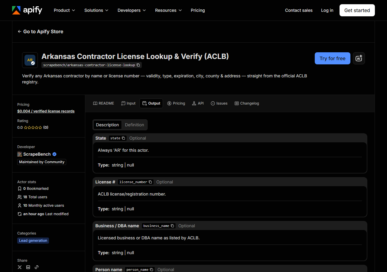 The output fields returned by Arkansas Contractor License Lookup & Verify (ACLB)