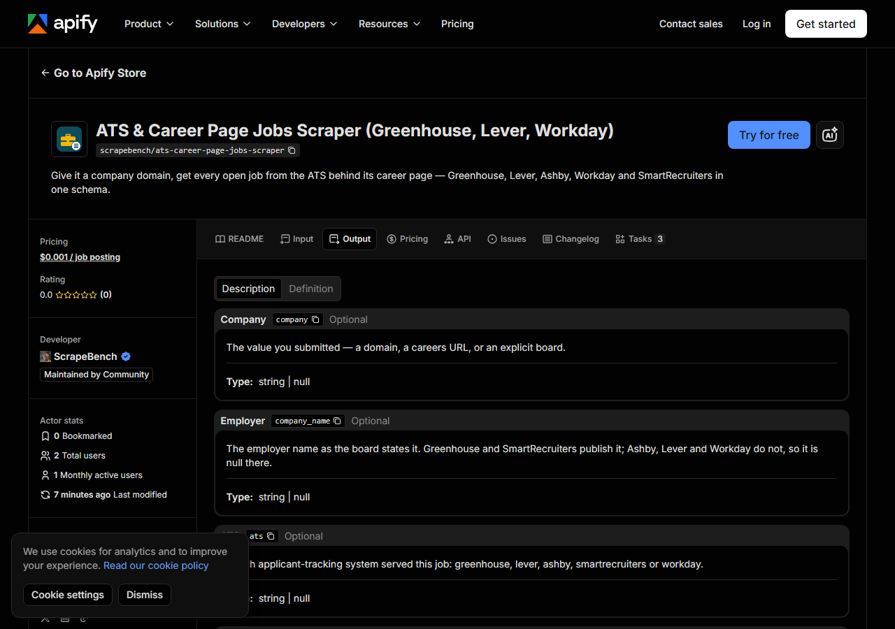 The output fields returned by ATS & Career Page Jobs Scraper (Greenhouse, Lever, Workday)