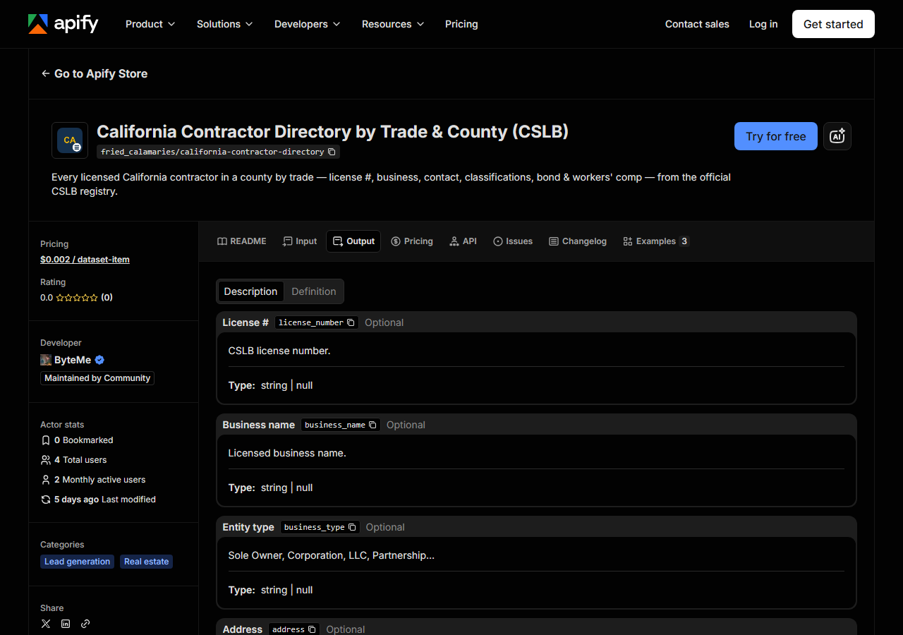 The output fields returned by California Contractor Directory by Trade & County (CSLB)