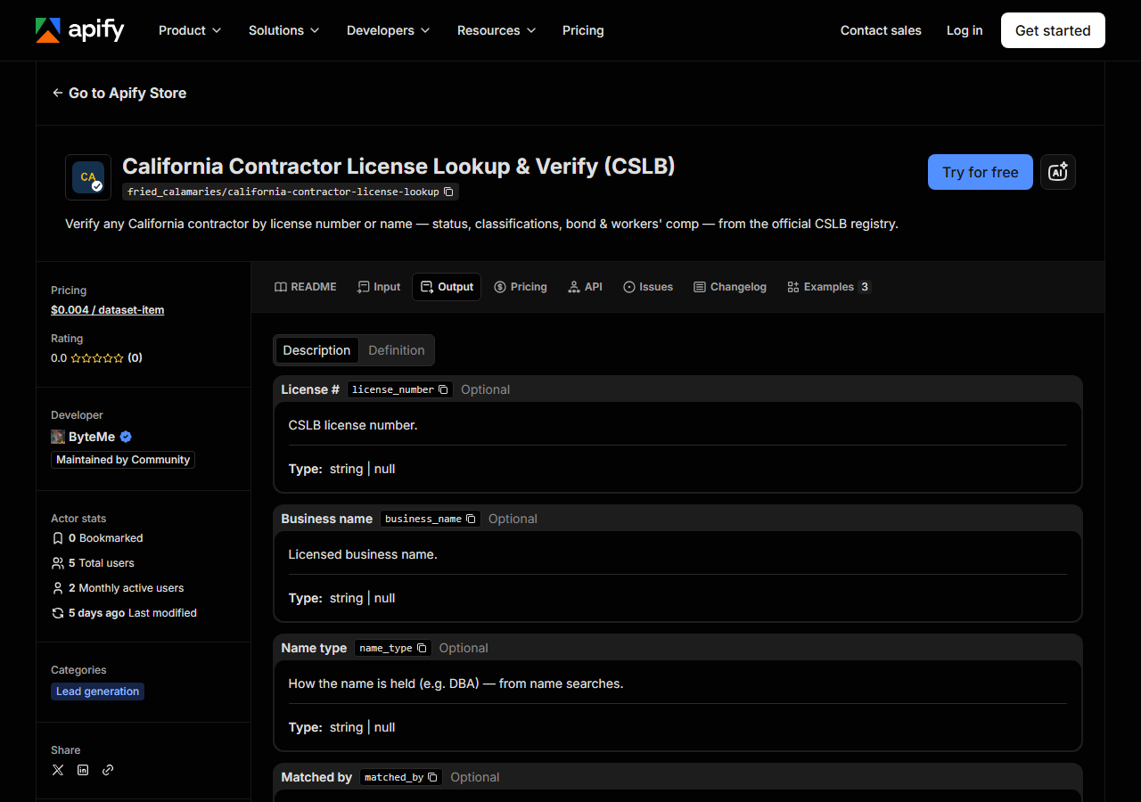 The output fields returned by California Contractor License Lookup & Verify (CSLB)