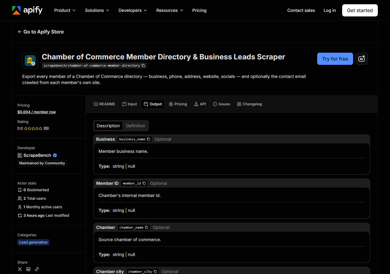 The output fields returned by Chamber of Commerce Member Directory & Business Leads Scraper
