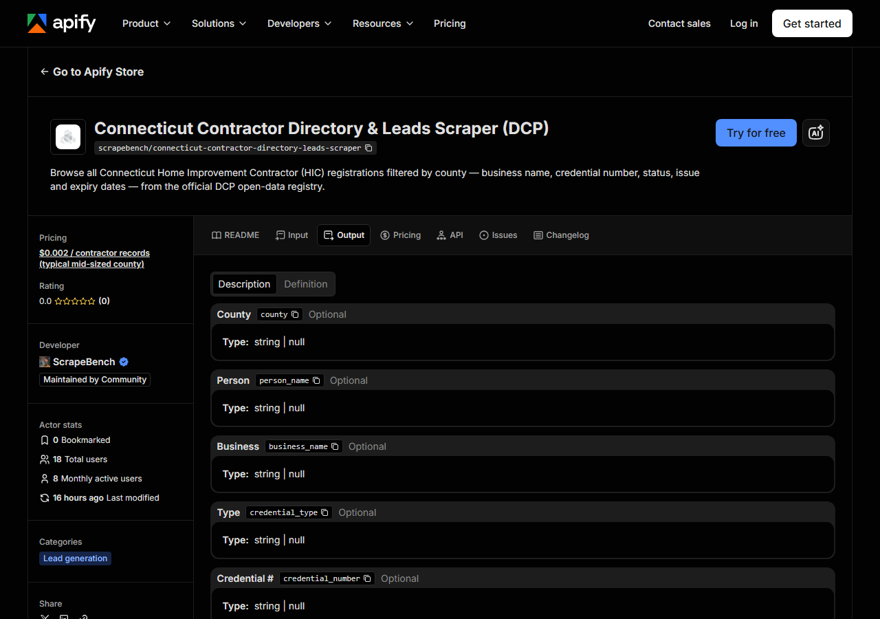 The output fields returned by Connecticut Contractor Directory & Leads Scraper (DCP)
