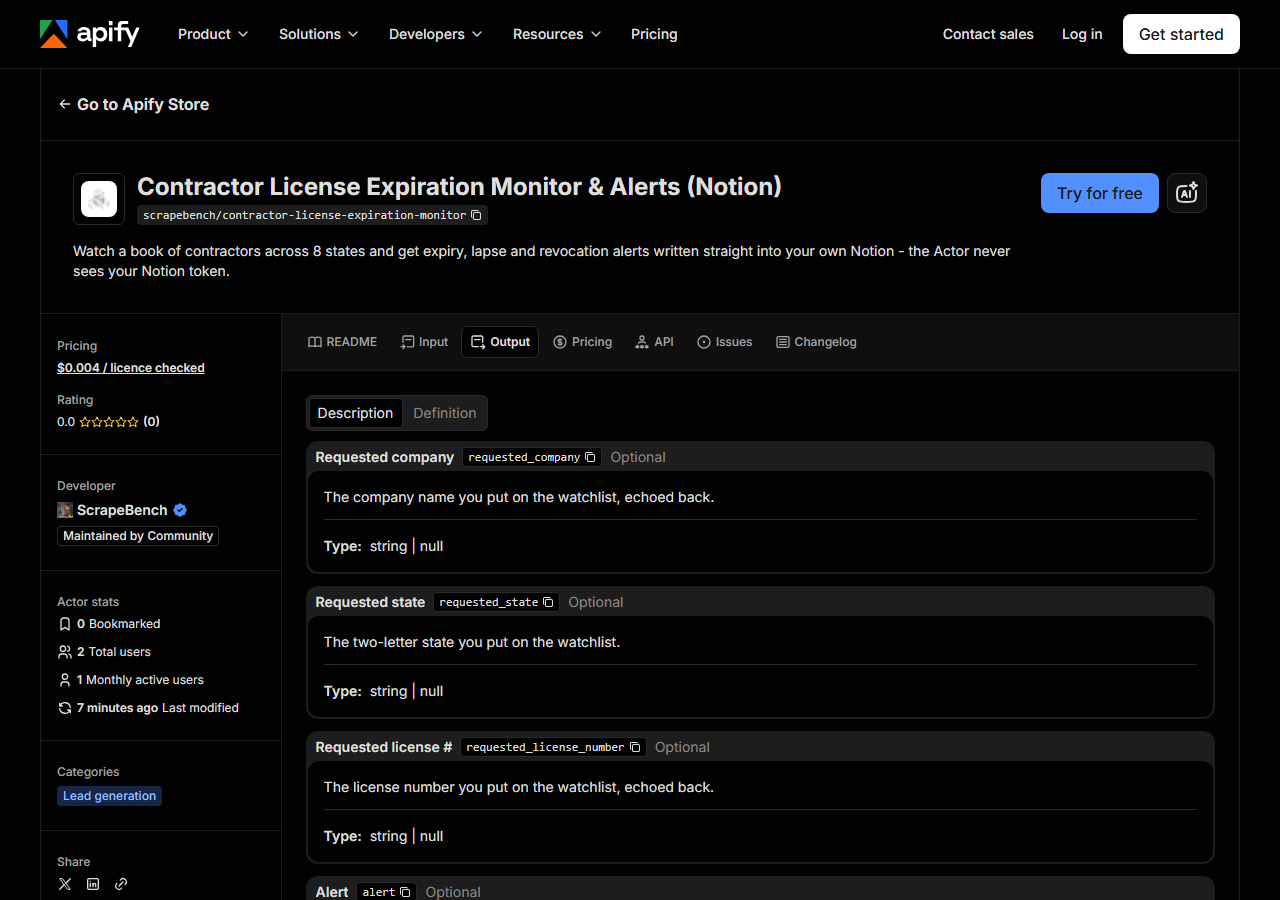 The output fields returned by Contractor License Expiration Monitor & Alerts (Notion)