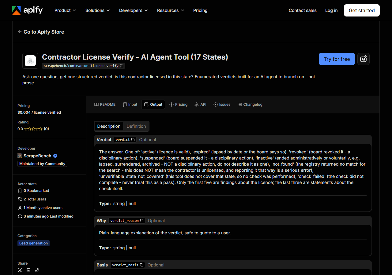 The output fields returned by Contractor License Verify - AI Agent Tool (17 States)